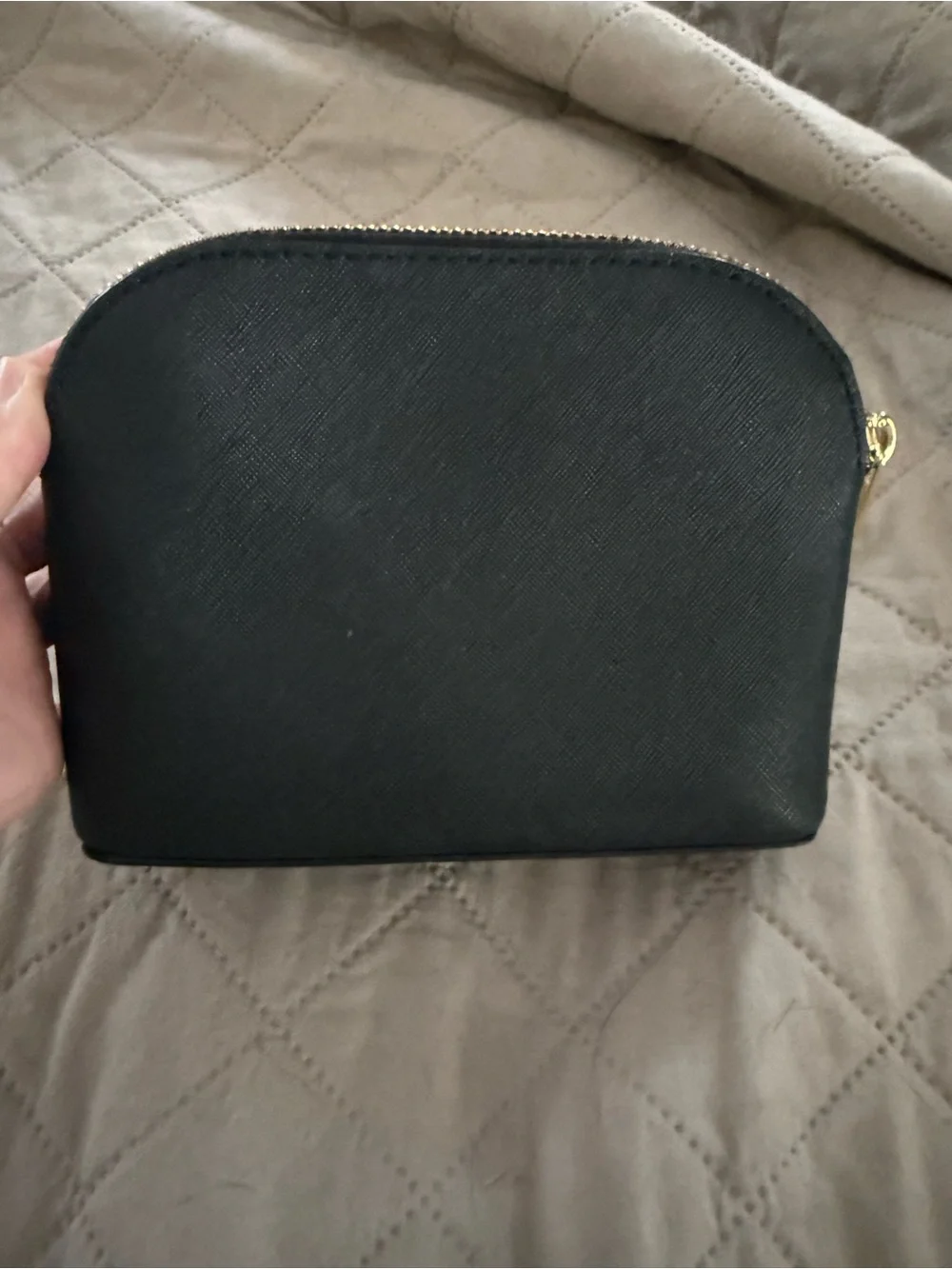 Michael Kors Black Leather Dome Cosmetic Case with Gold Hardware